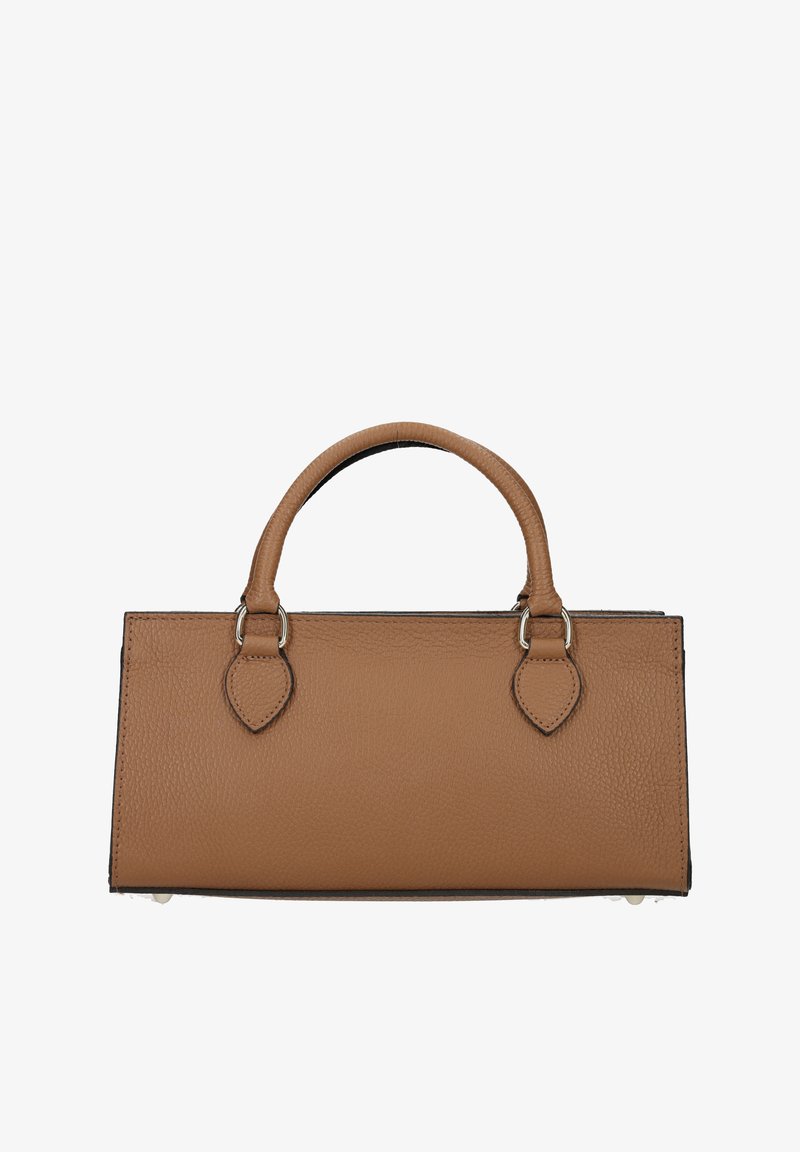 Brun læder håndtaske med en tekstureret overflade, rektangulær form, to korte håndtag og sølvfarvede hardwaredetaljer ved monteringspunkterne.