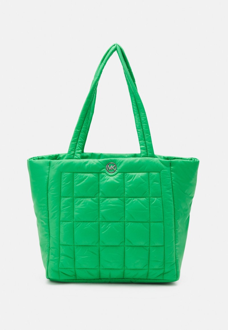 Quilted green nylon tote bag with two shoulder straps and a round logo accent. Features a square pattern and a soft, padded texture.