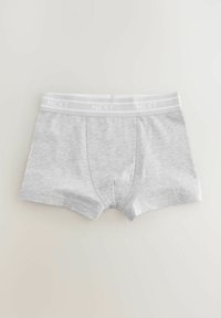 Boxer-briefs en coton gris avec une ceinture élastique blanche portant le nom de la marque "NEXT" imprimé. Design simple avec des bords sans couture.