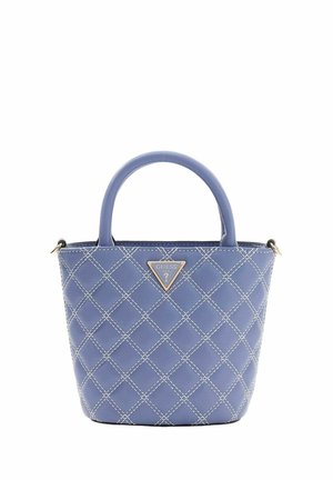 Petit sac à main bleu en simili cuir avec un motif matelassé et des coutures blanches, doté d'une plaque de logo triangulaire et de poignées courtes et rondes.