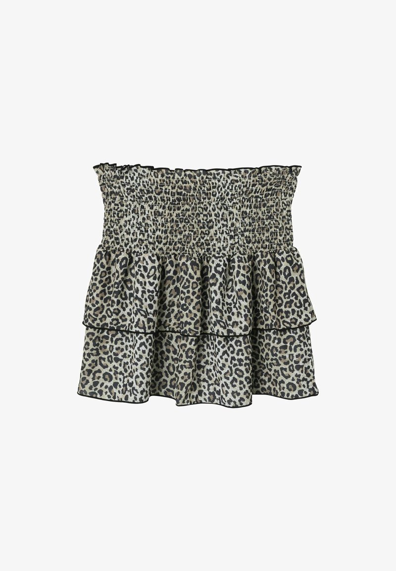 Leopard print tiered skirt with a smocked waist, featuring three ruffled layers and contrasting black trim along the edges.
