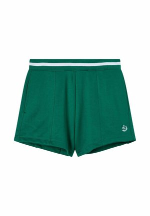 Shorts sportivi verdi realizzati in tessuto morbido, con una vita elastica a righe bianche, due tasche laterali e un sottile dettaglio con logo.