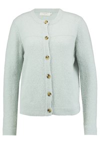 Cardigan bleu clair en matière duveteuse, col rond, manches longues et sept boutons sur le devant. Caractéristiques : ourlet et poignets côtelés.