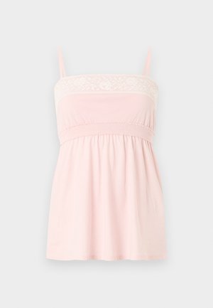 Ανοιχτό ροζ αμάνικη μπλούζα με λεπτές τιράντες, λεπτομέρεια δαντέλας στο στήθος, ελαστική ζώνη κάτω από το στήθος και φαρδύ, μαζεμένο ύφασμα πιο κάτω.