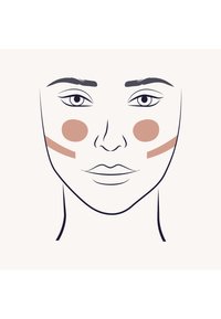 Illustratie van een gezicht met beige blosringen op de wangen, bruine contourlijnen en gedetailleerde ogen. Minimalistisch, met schone lijnen en zachte kleuren.
