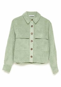 Groene corduroy overhemdjack met een kraag, voorzijde met knoopsluiting, twee borstzakken en een cropped zoom.