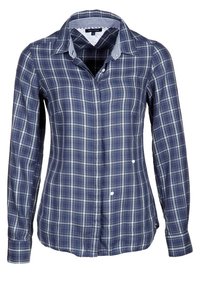 Camicia button-up a quadri blu navy con maniche lunghe, dotata di colletto a scacchi e vestibilità slim. Il materiale sembra leggero e traspirante.
