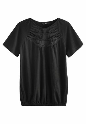 Zwart T-shirt met korte mouwen, voorzien van een textuur van kanten details op de borst en een gegatherde elastische zoom voor een getailleerde silhouette.