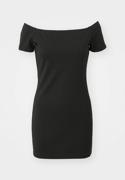 Fekete, váll nélküli ruha rugalmas anyagból, rövid ujjakkal és testhezálló szabással. Simaszerkezet, minták nélkül.