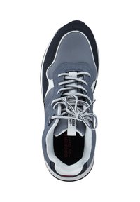 Gray athletic shoe with a mix of smooth and textured materials, featuring white accents, round laces, and a cushioned insole.
