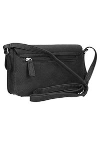 Borsa a tracolla in pelle nera con finitura strutturata, presenta una tasca anteriore con cerniera e una tracolla regolabile. Forma rettangolare compatta.