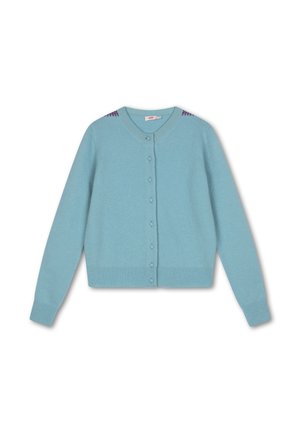 Lichtblauwe cardigan met lange mouwen, ronde halslijn en knoopsluiting. Heeft paarse accenten op de schouders. Zachte, gestructureerde stof.