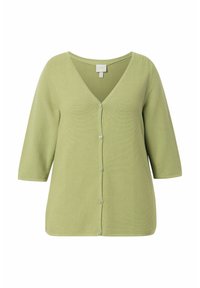Ljusgrön kofta med V-ringning, trekvartsärmar och knappstängning. Texturerad stickad tyg med en avslappnad passform.