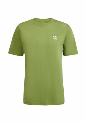 Maglietta verde in cotone con collo rotondo e maniche corte, dotata di un piccolo logo bianco Adidas sulla parte superiore sinistra del petto.