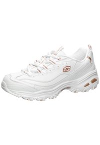 White athletic shoe with a smooth synthetic upper, textured accents, and rose gold hardware. Features thick, cushioned sole and sturdy laces.