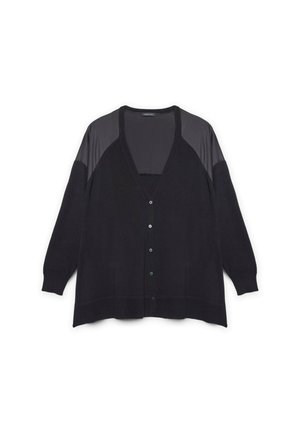 Black cardigan with a V-neck, button front, and long sleeves. Features contrasting black panel details on shoulders and soft texture.