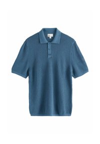Kortærmet polo-shirt i struktureret blåt stof. Har en krave med tre knapper og en afslappet pasform.
