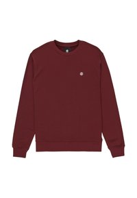 Bordeaux crew neck sweater med lange ærmer og lille hvidt rundt logo på venstre bryst, ribbede manchetter og kant, lagt fladt på hvid baggrund.