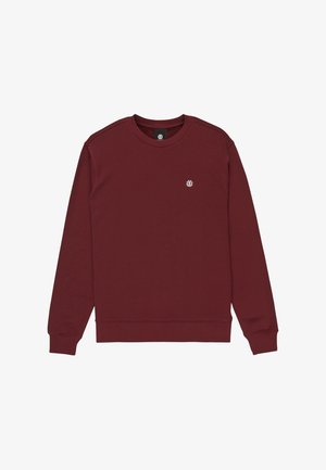 Bordeauxfarbener Rundhalsausschnitt-Sweatshirt mit langen Ärmeln und kleinem weißen runden Logo auf der linken Brust, gerippte Bündchen und Saum, flach auf weißem Hintergrund ausgelegt.