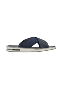 Sandales à glissière pour hommes en marine avec des sangles en tissu texturé, un design croisé, une semelle extérieure rembourrée et des accents de semelle intermédiaire gris clair.