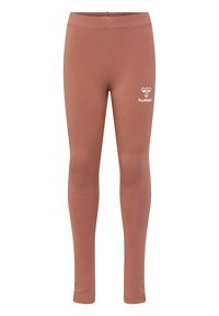 Leggings mauves en tissu extensible avec une texture lisse, dotés d'une taille élastique et d'un logo blanc sur la cuisse supérieure.