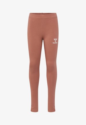 Mauve Leggings aus dehnbarer Stoff mit glatter Textur, ausgestattet mit einem elastischen Bund und einem weißen Logo auf dem Oberschenkel.