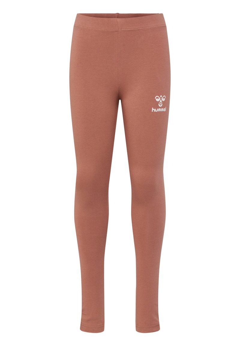 Leggings mauves en tissu extensible avec une texture lisse, dotés d'une taille élastique et d'un logo blanc sur la cuisse supérieure.