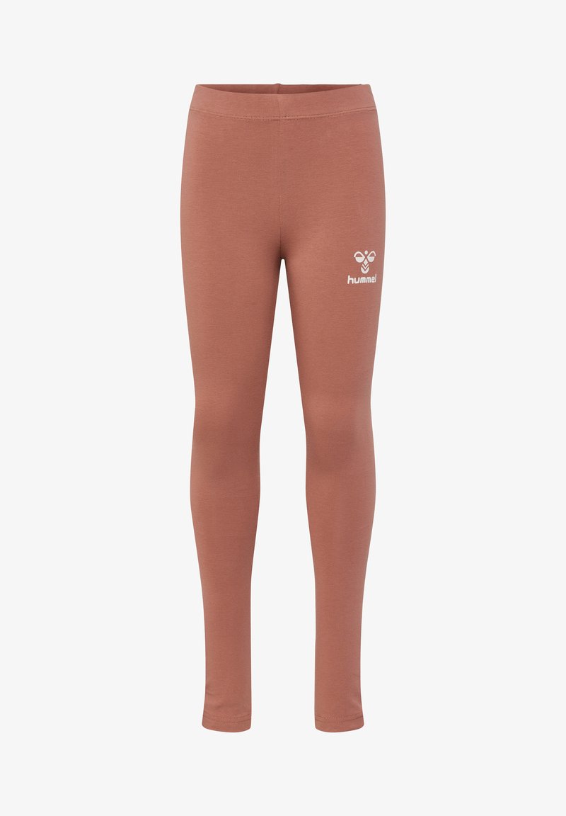 Leggings mauves en tissu extensible avec une texture lisse, dotés d'une taille élastique et d'un logo blanc sur la cuisse supérieure.