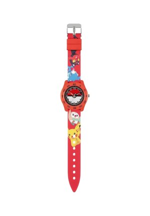 Orologio in silicone rosso con cinturino a fantasia che presenta personaggi dei cartoni animati. Quadrante rotondo con marcature nere e dettagli in argento.