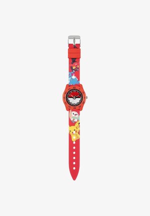 Red silicone watch with a patterned strap featuring cartoon characters. Round dial with black markings and silver hardware.