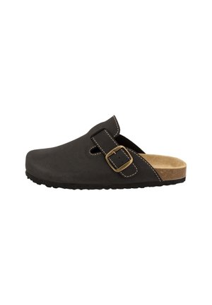 Zoccolo nero slip-on con cinturino regolabile con fibbia, soletta imbottita color cuoio e suola testurizzata, mostrato da vista laterale su sfondo bianco.