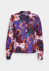 Blusa a maniche lunghe con un motivo paisley in viola, nero e rosa; presenta un collo a camicia e una chiusura frontale con bottoni. Tessuto di trama liscia.