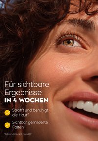 Close-up of a face with curly brown hair. Features include clear skin, visible texture, and a smile. Text highlights skin benefits in four weeks.