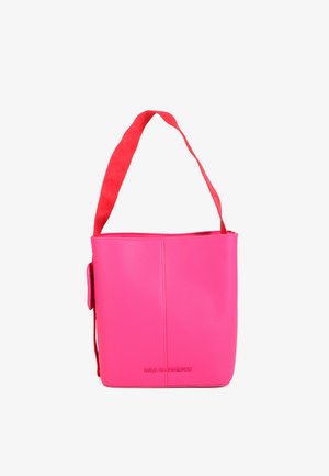Pink leather tote bag with a smooth texture and flat design. Features a red fabric shoulder strap and embossed logo on the front side.