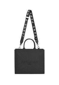Sort tote bag lavet af glatlæder, med et forhøjet Union Jack-design og præget "PEPE JEANS LONDON" logo. Justerbar rem inkluderet.
