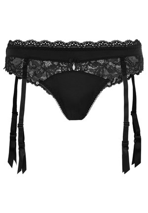 Schwarzer Spitzenstrumpfhalter mit gewelltem Bund, dekorativem Bogen und verstellbaren Satinschnüren. Weicher Stoff mit floralen Akzenten.