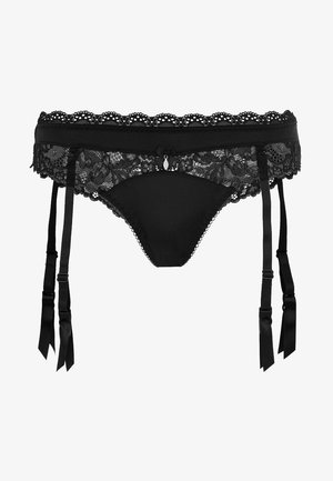 Schwarzer Spitzenstrumpfhalter mit gewelltem Bund, dekorativem Bogen und verstellbaren Satinschnüren. Weicher Stoff mit floralen Akzenten.