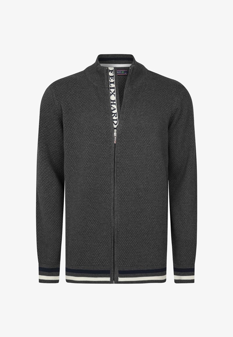 Cardigan zippé texturé gris foncé avec col montant, poignets et ourlet côtelés présentant des rayures noires et blanches, et bordure intérieure de col brandée.