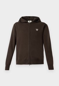 Dark brown zip-up hoodie made from solid fabric. Features a drawstring hood, ribbed cuffs, and a small logo on the chest.