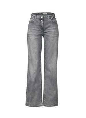 Jeans in denim grigio a gamba larga con finitura scolorita. Presentano due tasche frontali, chiusura con bottone frontale e passanti per cintura.