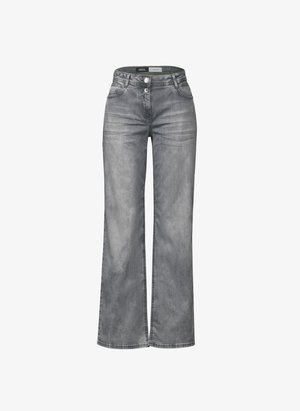 Jeans en denim gris à jambes larges avec une finition délavée. Comprend deux poches avant, des fermetures à bouton à l'avant et des passants de ceinture.