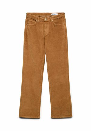 Bruine corduroy broek met een rechte pijp, voorzien van vijf zakken, riemlussen en een gestructureerde stof. Benadrukt door een subtiele ribbelpatroon.