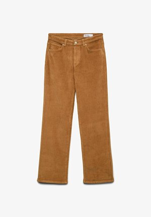 Ruske korduroyhousut suoran lahkeiden leikkauksella, joissa on viisi taskua, vyölenkit ja tekstuuripinta. Korostaa hienovarainen nuhjuinen kuvio.