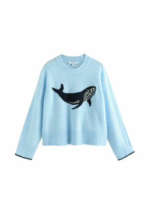 Maglione azzurro chiaro con grafica di una balena, realizzato in materiale morbido. Presenta polsini e orlo a coste con dettagli in blu navy. Design cropped, maniche lunghe.