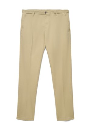 Pantalon beige droit avec passants de ceinture, poches latérales et fermeture devant par bouton et zip, présenté sur fond blanc.