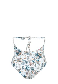 Costume da bagno intero floreale bianco, con motivi botanici blu e arancioni. Schiena alta con chiusura a tie. Materiale liscio ed elastico.