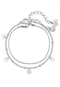 Silver bracelet featuring two chains: a beaded chain and a twisted chain, with small round discs hanging at intervals and a lobster clasp.