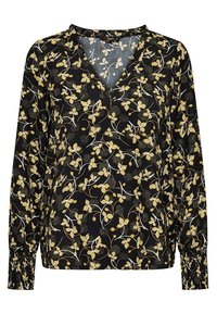 Svart långärmad blus med V-halsringning, prydd med ett blommönster i gult och vitt. Strukturerad tygkvalitet med samlade mudd och en avslappnad passform.