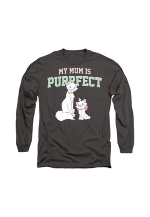 Black long-sleeve shirt with two white cartoon cats and text "My Mum is Purrfect" in pink and green letters.