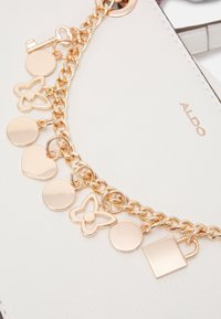 Collana in tonalità oro con vari ciondoli: forme circolari, a cuore, a farfalla e a lucchetto. I ciondoli hanno una finitura lucida su uno sfondo bianco.